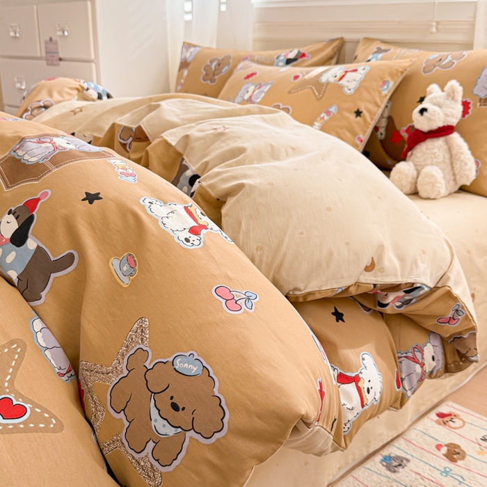 91家纺网 家纺一手货源 找家纺 曼之夏 2025新款全棉纯棉印花四件套 冬日可可狗