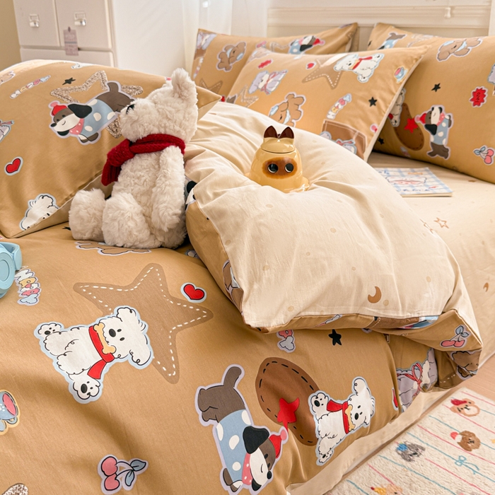 91家纺网 家纺一手货源 找家纺 曼之夏 2025新款全棉纯棉印花四件套 冬日可可狗