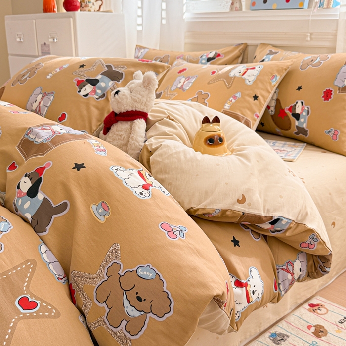 91家纺网 家纺一手货源 找家纺 曼之夏 2025新款全棉纯棉印花四件套 冬日可可狗