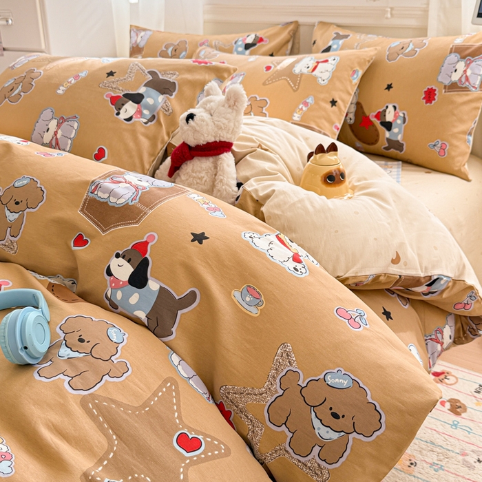 91家纺网 家纺一手货源 找家纺 曼之夏 2025新款全棉纯棉印花四件套 冬日可可狗