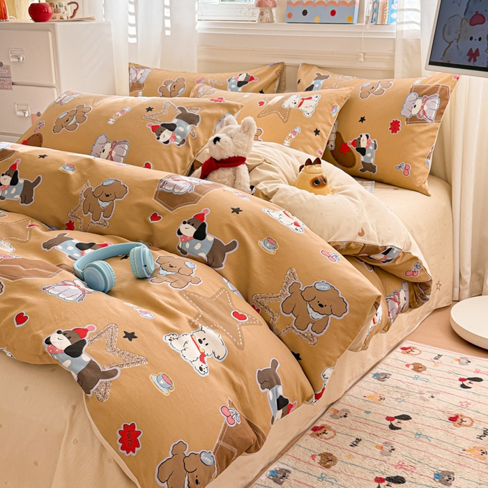 91家纺网 家纺一手货源 找家纺 曼之夏 2025新款全棉纯棉印花四件套 冬日可可狗