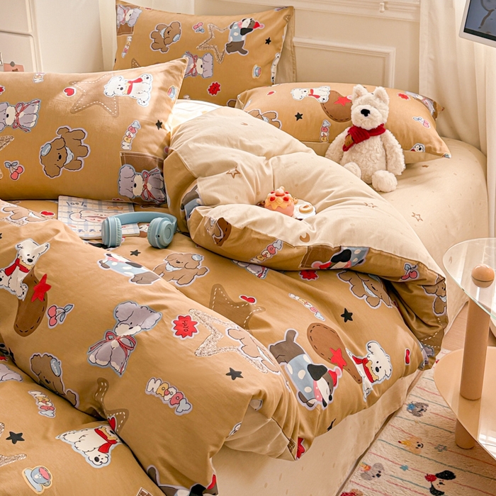 91家纺网 家纺一手货源 找家纺 曼之夏 2025新款全棉纯棉印花四件套 冬日可可狗