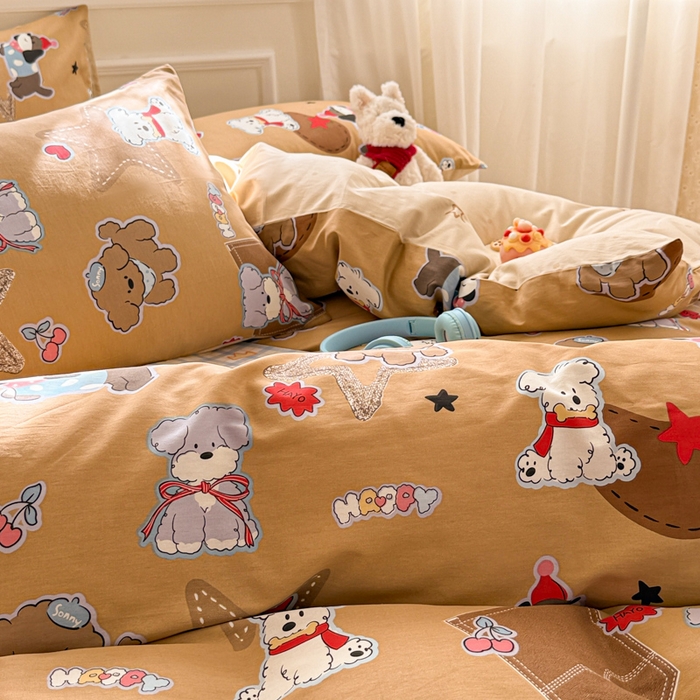 91家纺网 家纺一手货源 找家纺 曼之夏 2025新款全棉纯棉印花四件套 冬日可可狗