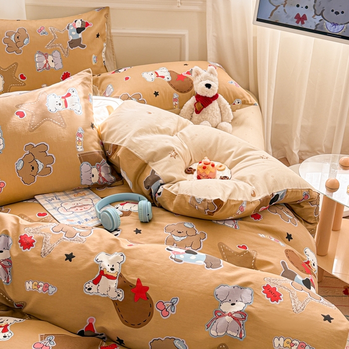 91家纺网 家纺一手货源 找家纺 曼之夏 2025新款全棉纯棉印花四件套 冬日可可狗