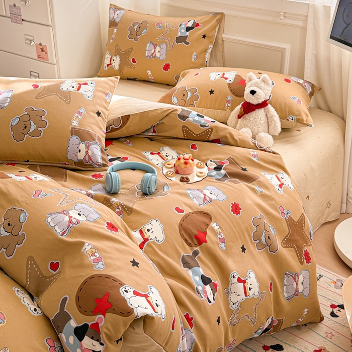 91家纺网 家纺一手货源 找家纺 曼之夏 2025新款全棉纯棉印花四件套 冬日可可狗