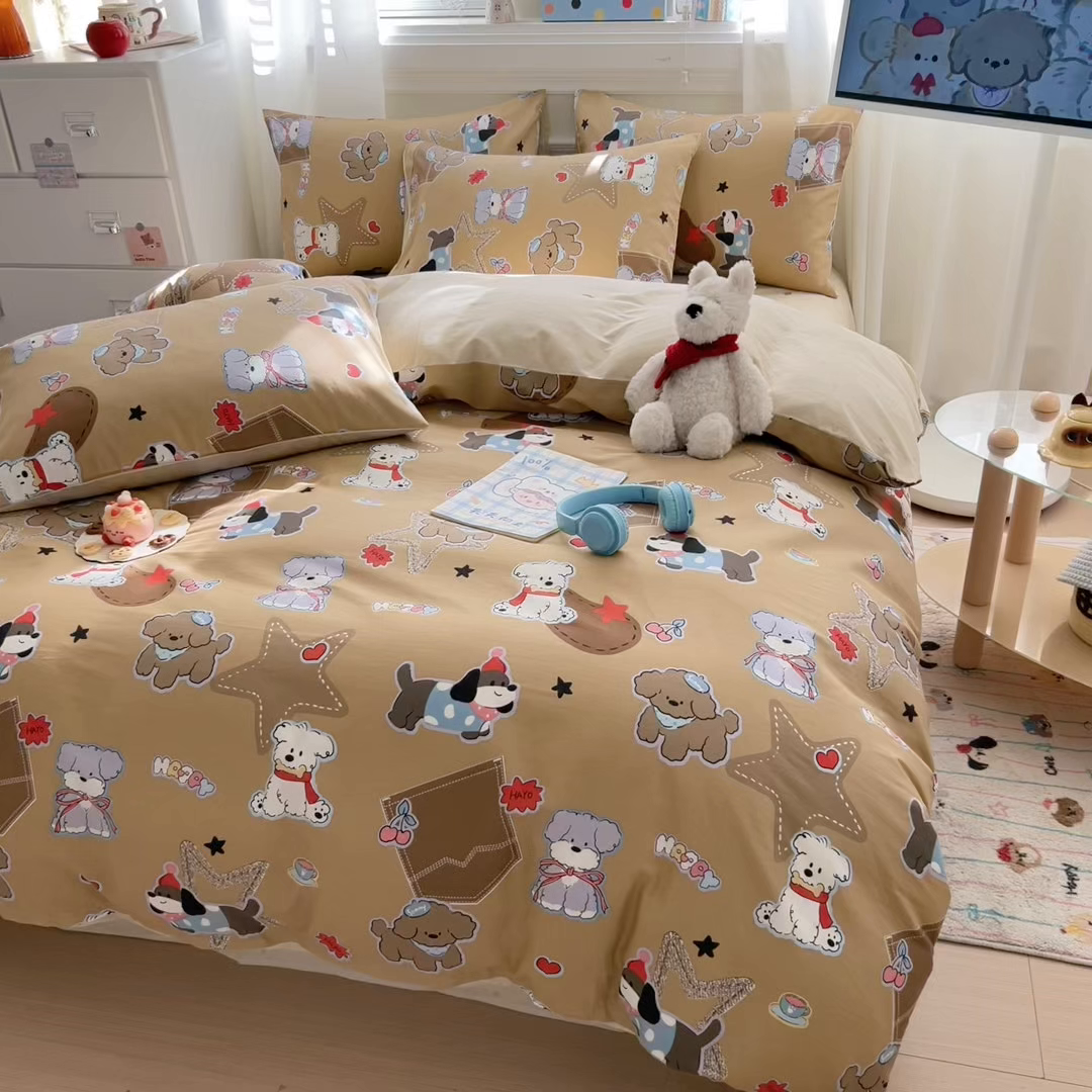 91家纺网 家纺一手货源 找家纺 曼之夏 2025新款全棉纯棉印花四件套 冬日可可狗