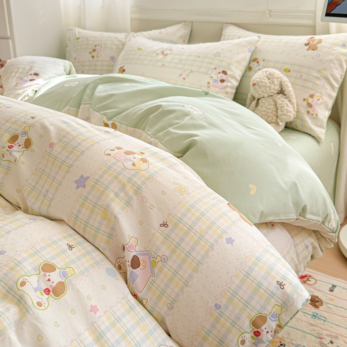 曼之夏 2025新款全棉纯棉印花四件套 格子小狗