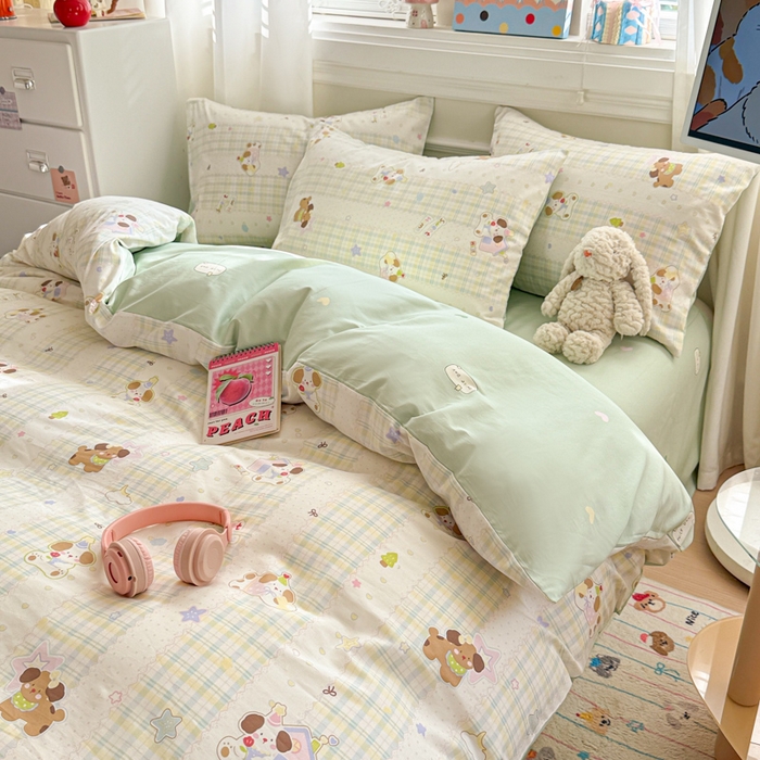 91家纺网 家纺一手货源 找家纺 曼之夏 2025新款全棉纯棉印花四件套 格子小狗