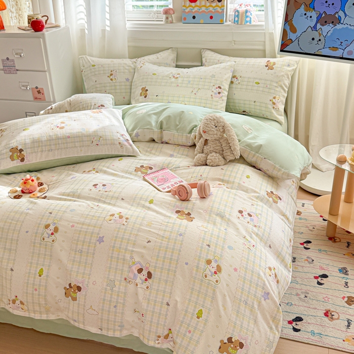 91家纺网 家纺一手货源 找家纺 曼之夏 2025新款全棉纯棉印花四件套 格子小狗