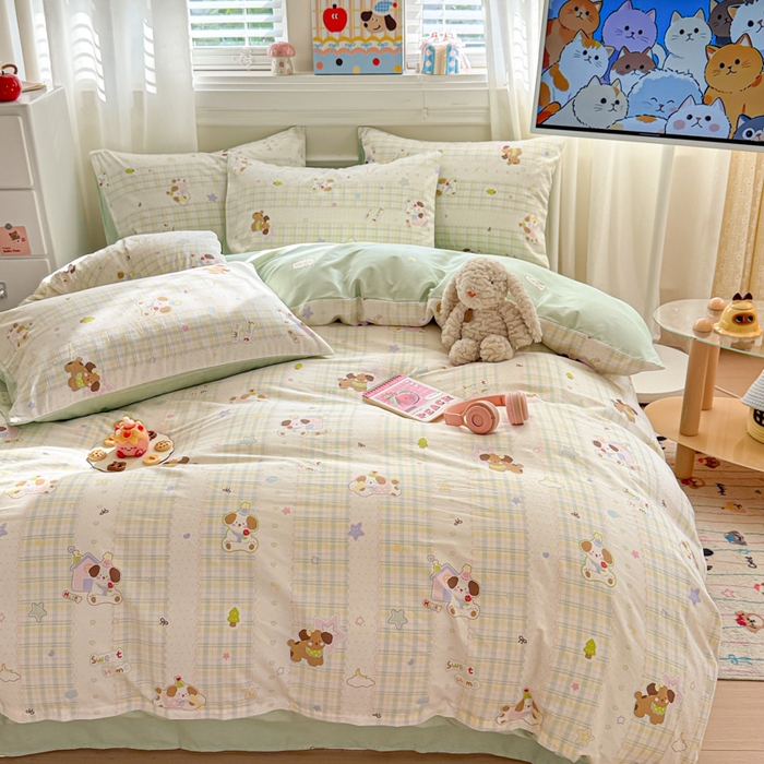 91家纺网 家纺一手货源 找家纺 曼之夏 2025新款全棉纯棉印花四件套 格子小狗