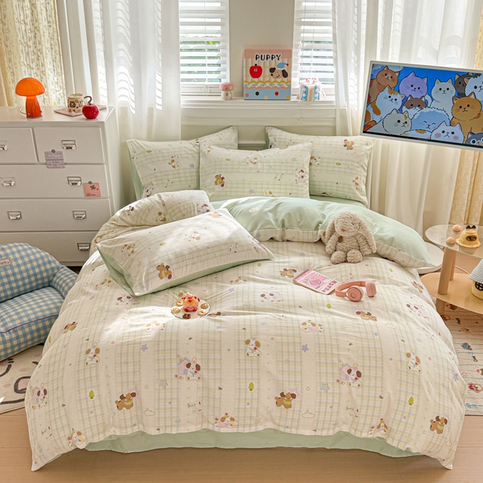 91家纺网 家纺一手货源 找家纺 曼之夏 2025新款全棉纯棉印花四件套 格子小狗