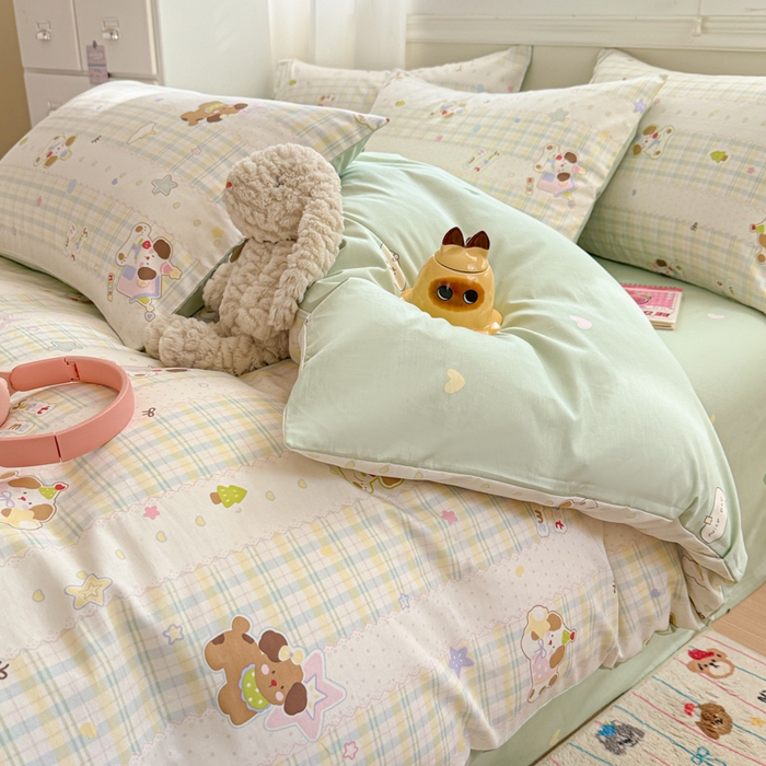 91家纺网 家纺一手货源 找家纺 曼之夏 2025新款全棉纯棉印花四件套 格子小狗