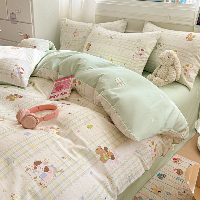 91家纺网 家纺一手货源 找家纺 曼之夏 2025新款全棉纯棉印花四件套 格子小狗