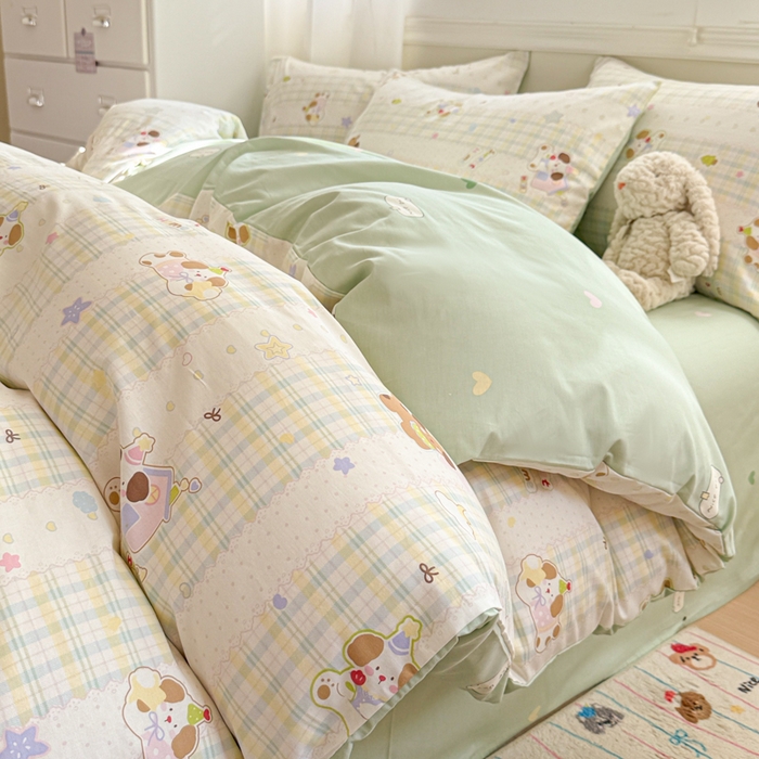 91家纺网 家纺一手货源 找家纺 曼之夏 2025新款全棉纯棉印花四件套 格子小狗