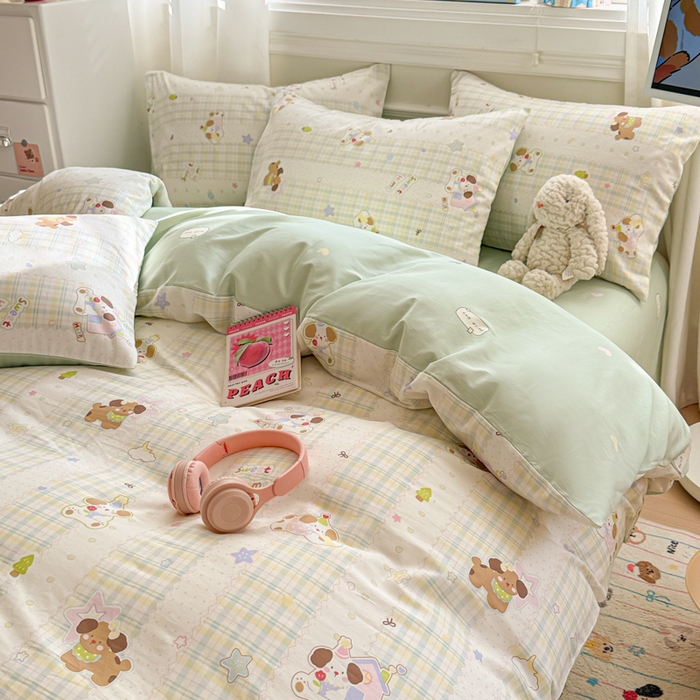 91家纺网 家纺一手货源 找家纺 曼之夏 2025新款全棉纯棉印花四件套 格子小狗