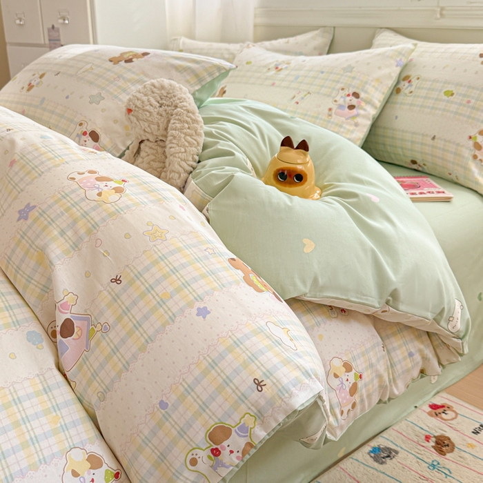 91家纺网 家纺一手货源 找家纺 曼之夏 2025新款全棉纯棉印花四件套 格子小狗