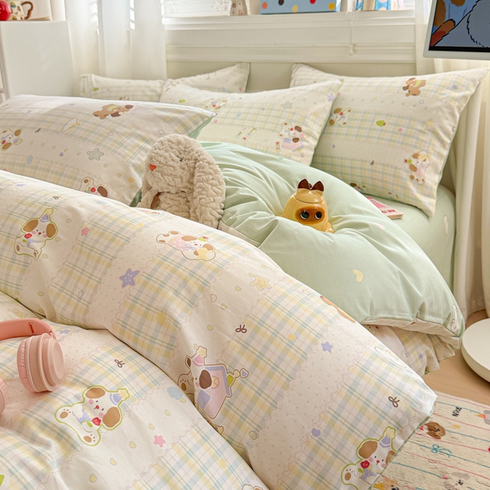 91家纺网 家纺一手货源 找家纺 曼之夏 2025新款全棉纯棉印花四件套 格子小狗