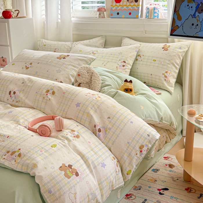 91家纺网 家纺一手货源 找家纺 曼之夏 2025新款全棉纯棉印花四件套 格子小狗