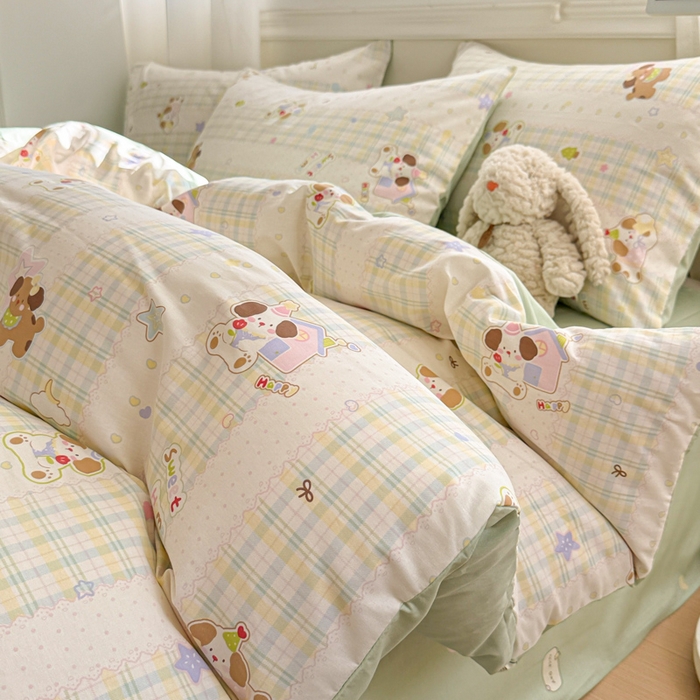 91家纺网 家纺一手货源 找家纺 曼之夏 2025新款全棉纯棉印花四件套 格子小狗