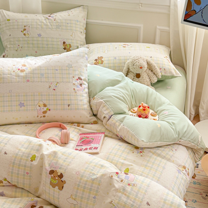 91家纺网 家纺一手货源 找家纺 曼之夏 2025新款全棉纯棉印花四件套 格子小狗