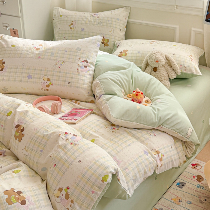 91家纺网 家纺一手货源 找家纺 曼之夏 2025新款全棉纯棉印花四件套 格子小狗