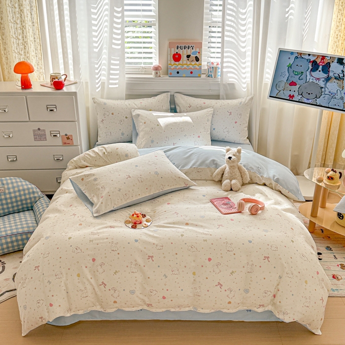 91家纺网 家纺一手货源 找家纺 曼之夏 2025新款全棉纯棉印花四件套 兔兔甜心