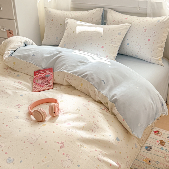 91家纺网 家纺一手货源 找家纺 曼之夏 2025新款全棉纯棉印花四件套 兔兔甜心