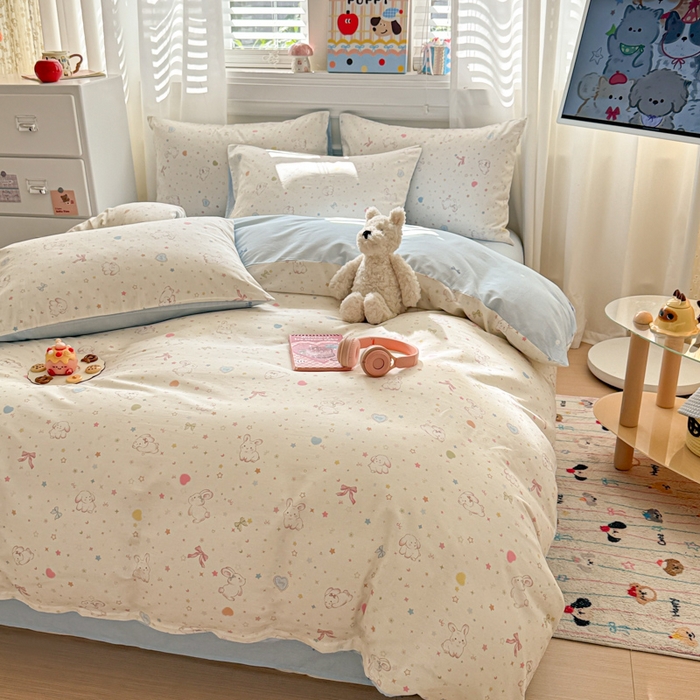 91家纺网 家纺一手货源 找家纺 曼之夏 2025新款全棉纯棉印花四件套 兔兔甜心