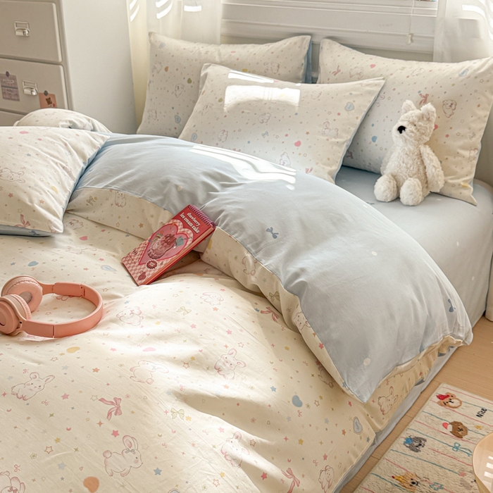 91家纺网 家纺一手货源 找家纺 曼之夏 2025新款全棉纯棉印花四件套 兔兔甜心