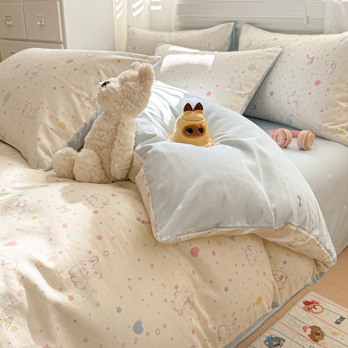 91家纺网 家纺一手货源 找家纺 曼之夏 2025新款全棉纯棉印花四件套 兔兔甜心