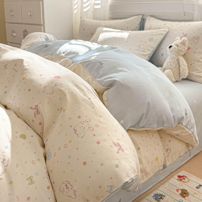 91家纺网 家纺一手货源 找家纺 曼之夏 2025新款全棉纯棉印花四件套 兔兔甜心