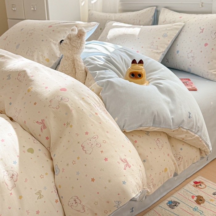 91家纺网 家纺一手货源 找家纺 曼之夏 2025新款全棉纯棉印花四件套 兔兔甜心