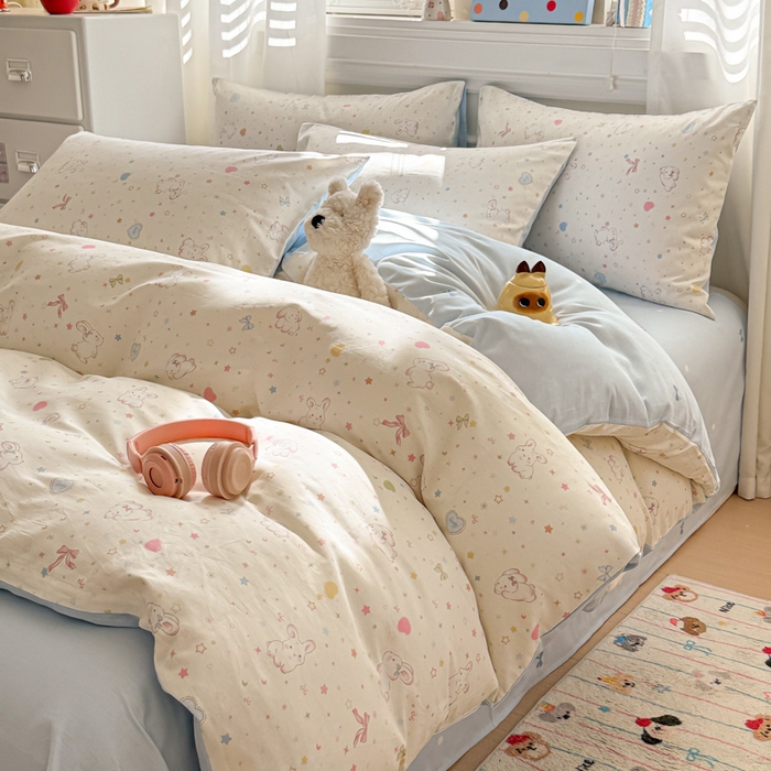 91家纺网 家纺一手货源 找家纺 曼之夏 2025新款全棉纯棉印花四件套 兔兔甜心