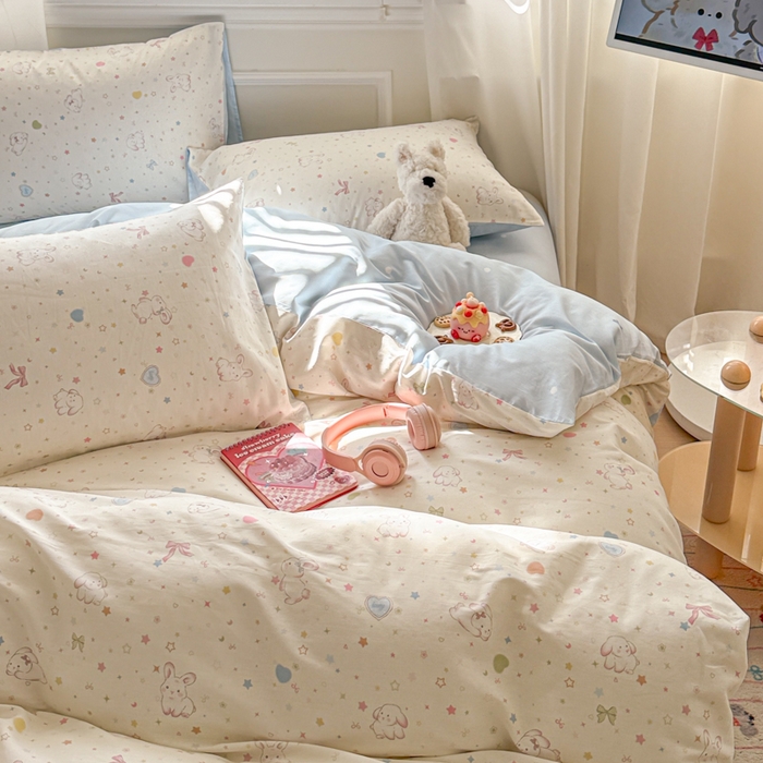 91家纺网 家纺一手货源 找家纺 曼之夏 2025新款全棉纯棉印花四件套 兔兔甜心