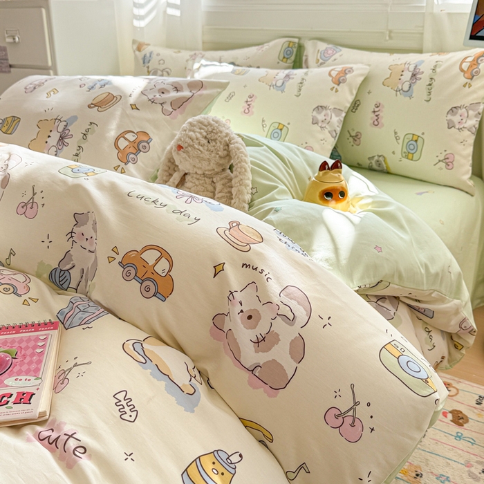 曼之夏 2025新款全棉纯棉印花四件套 线团小猫