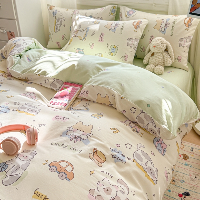 91家纺网 家纺一手货源 找家纺 曼之夏 2025新款全棉纯棉印花四件套 线团小猫