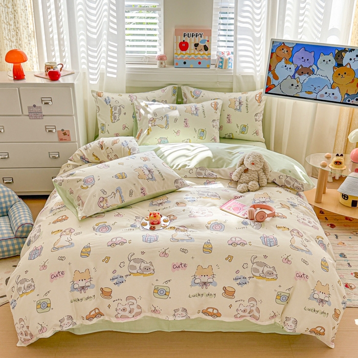 91家纺网 家纺一手货源 找家纺 曼之夏 2025新款全棉纯棉印花四件套 线团小猫