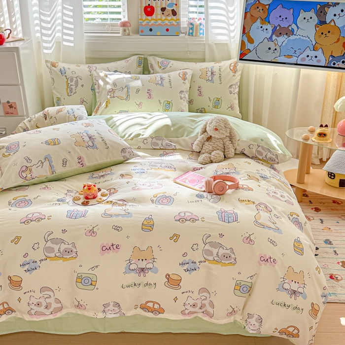 91家纺网 家纺一手货源 找家纺 曼之夏 2025新款全棉纯棉印花四件套 线团小猫