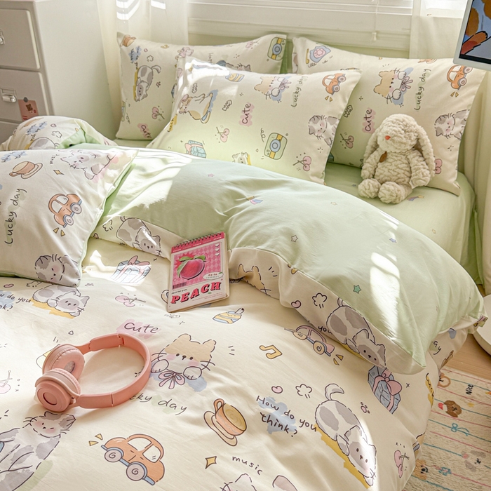 91家纺网 家纺一手货源 找家纺 曼之夏 2025新款全棉纯棉印花四件套 线团小猫