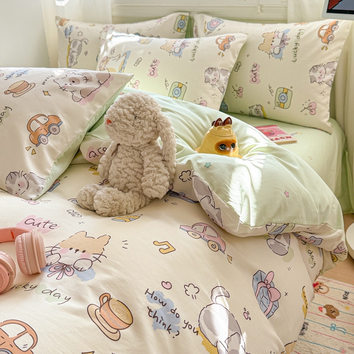 91家纺网 家纺一手货源 找家纺 曼之夏 2025新款全棉纯棉印花四件套 线团小猫