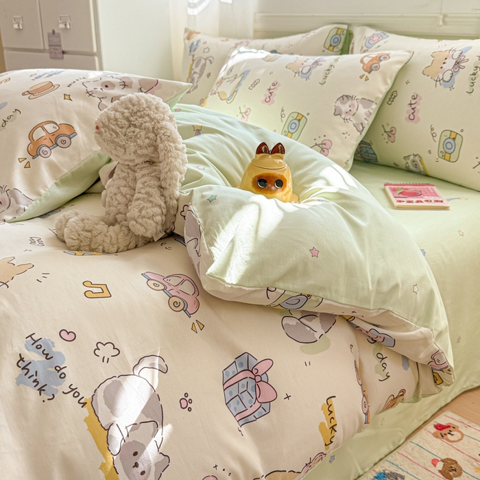 91家纺网 家纺一手货源 找家纺 曼之夏 2025新款全棉纯棉印花四件套 线团小猫