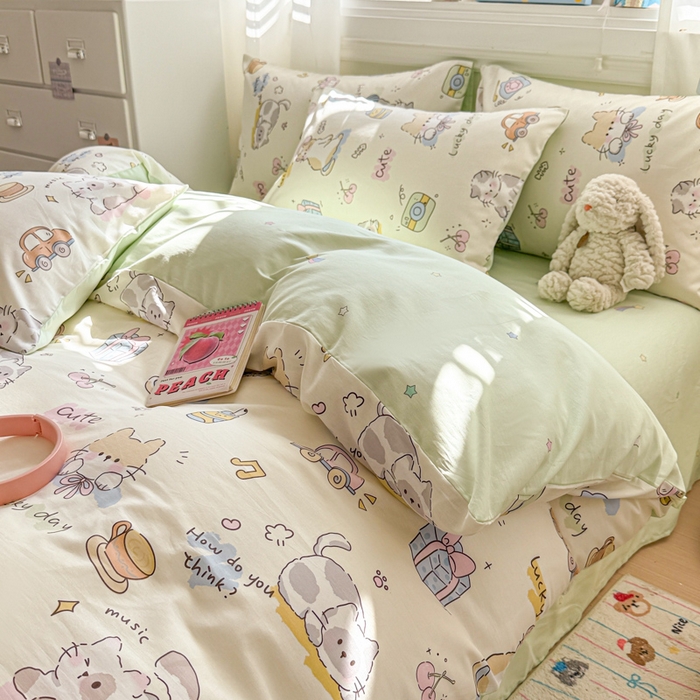 91家纺网 家纺一手货源 找家纺 曼之夏 2025新款全棉纯棉印花四件套 线团小猫