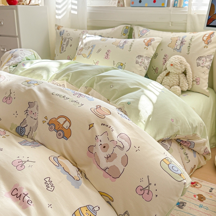 91家纺网 家纺一手货源 找家纺 曼之夏 2025新款全棉纯棉印花四件套 线团小猫