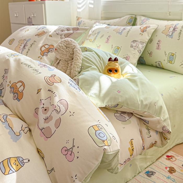 91家纺网 家纺一手货源 找家纺 曼之夏 2025新款全棉纯棉印花四件套 线团小猫