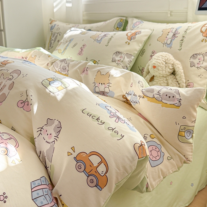 91家纺网 家纺一手货源 找家纺 曼之夏 2025新款全棉纯棉印花四件套 线团小猫