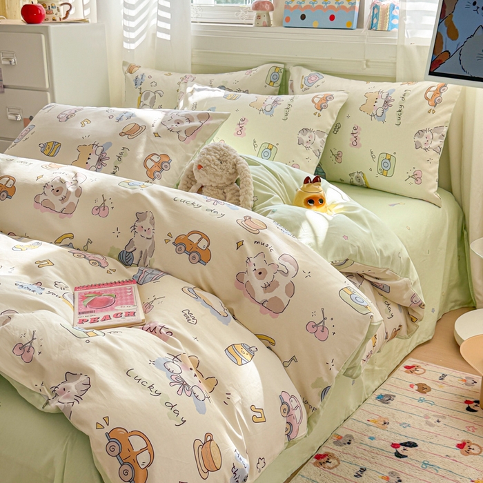 91家纺网 家纺一手货源 找家纺 曼之夏 2025新款全棉纯棉印花四件套 线团小猫