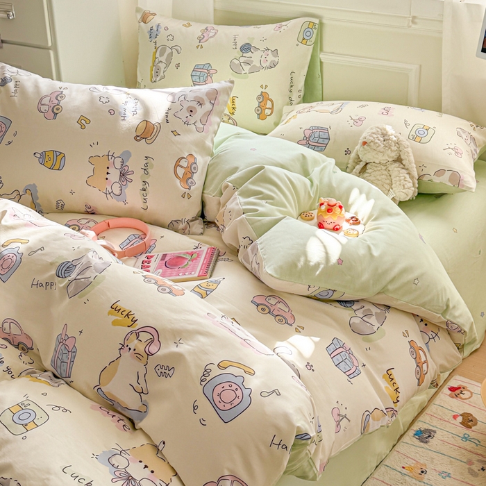 91家纺网 家纺一手货源 找家纺 曼之夏 2025新款全棉纯棉印花四件套 线团小猫