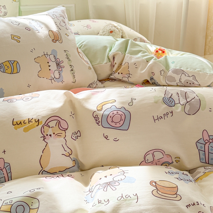 91家纺网 家纺一手货源 找家纺 曼之夏 2025新款全棉纯棉印花四件套 线团小猫