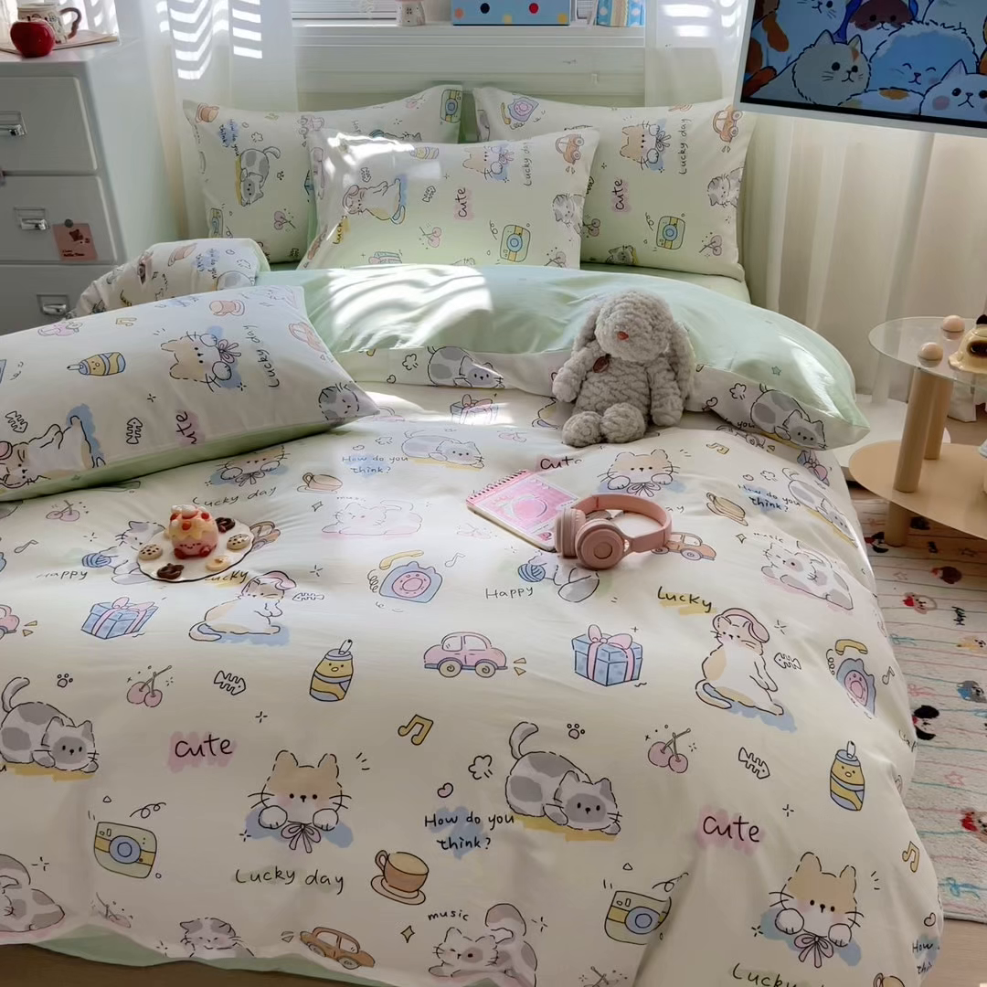 91家纺网 家纺一手货源 找家纺 曼之夏 2025新款全棉纯棉印花四件套 线团小猫