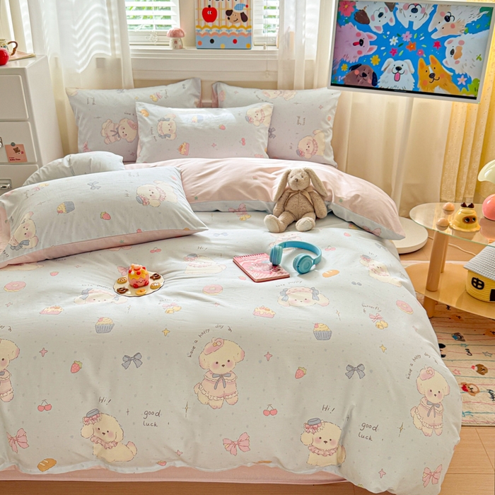 91家纺网 家纺一手货源 找家纺 曼之夏 2025新款全棉纯棉印花四件套 心动狗狗